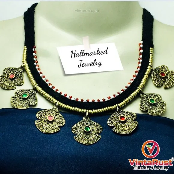 Ethnic Afghan Choker Necklace, Vintage Necklace With Multicolor Glass Stones - Picture 2 of 6